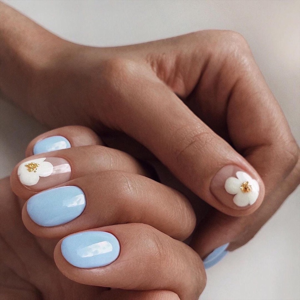 Short Baby Blue flower Press On Nails| Square shape press on nails| Blue nails|